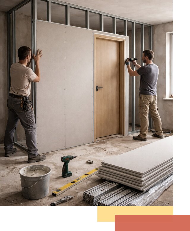 Перегородка из гипсокартона с дверью под ключ в Шебекино