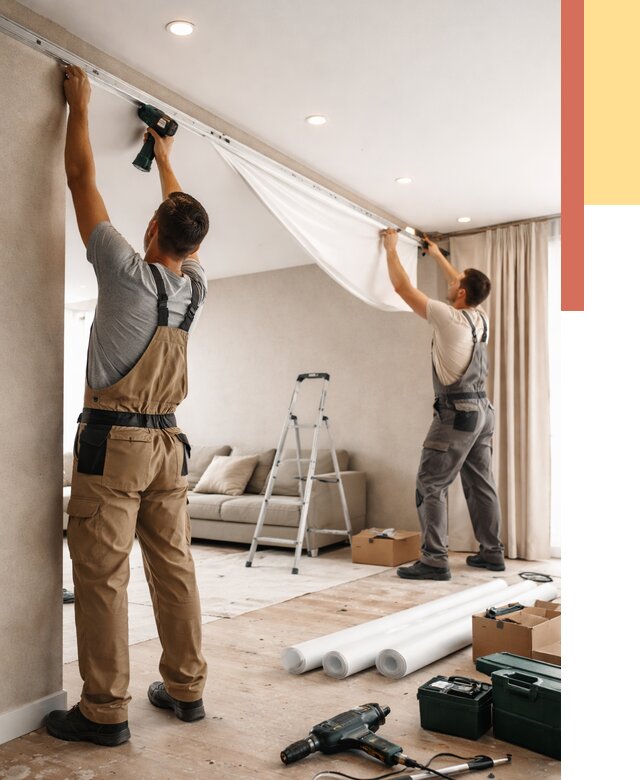 Монтаж натяжного потолка в гостиной в Шебекино от 560 руб. | ОТДЕЛОЧНИК-Шбк