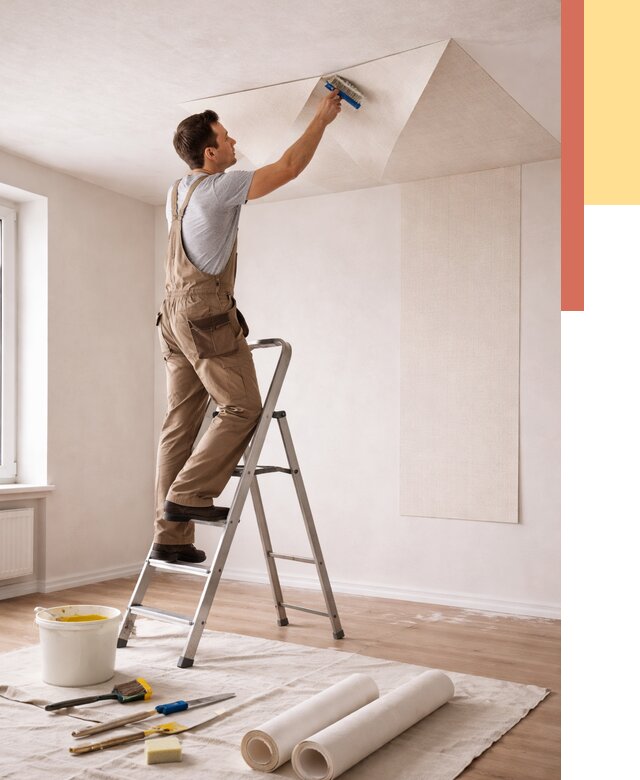 Поклейка обоев на потолок в Шебекино от 4581 руб. быстро и недорого | ОТДЕЛОЧНИК-Шбк